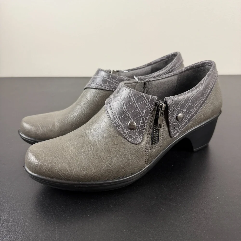 Easy Street Booties Women's 9.5M Gray Faux Leather Block Heel Side Zipper Casual